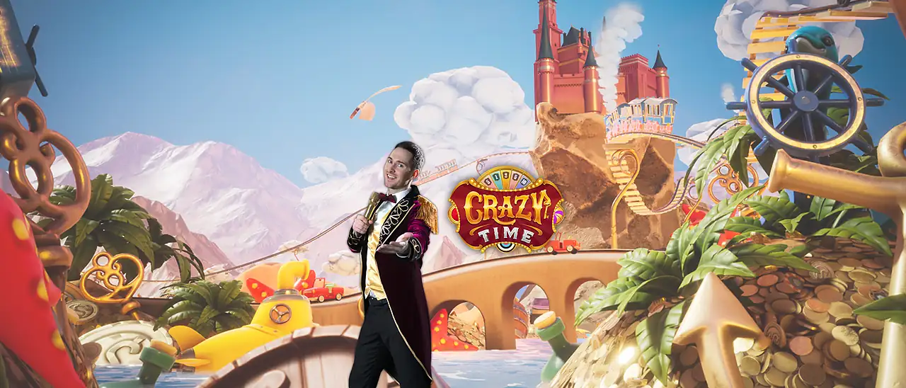 Crazy Time live casino game show host beside the Evolution money wheel